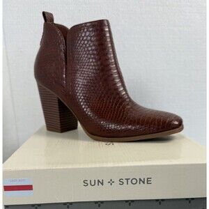Sun + Stone Pollyy Walnut Brown Textured Block Heel Ankle Boots Size 10 M